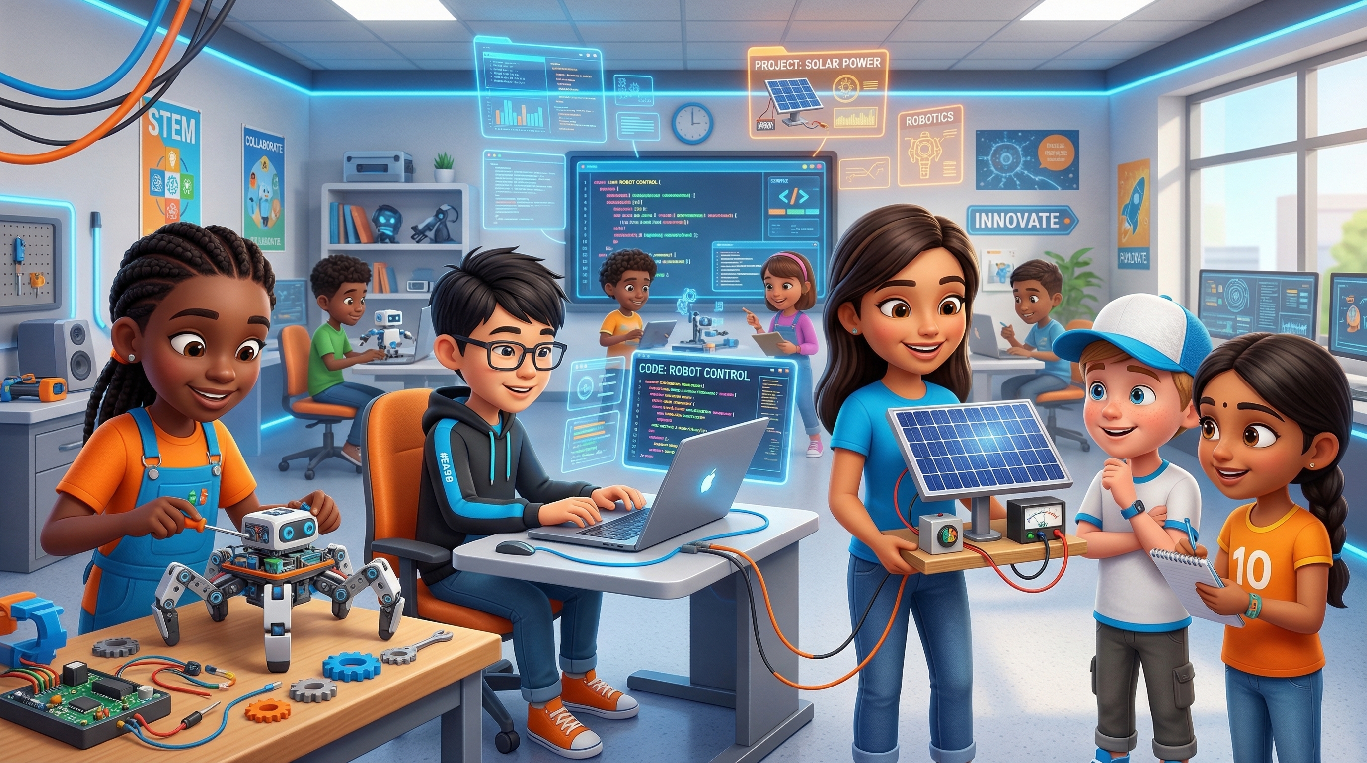 Kids aged 8-17 building robots, coding, and innovating with solar panels in a modern STEM classroom